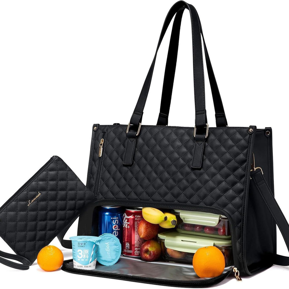 Black quilted handbag with compartments containing snacks and drinks on a white background