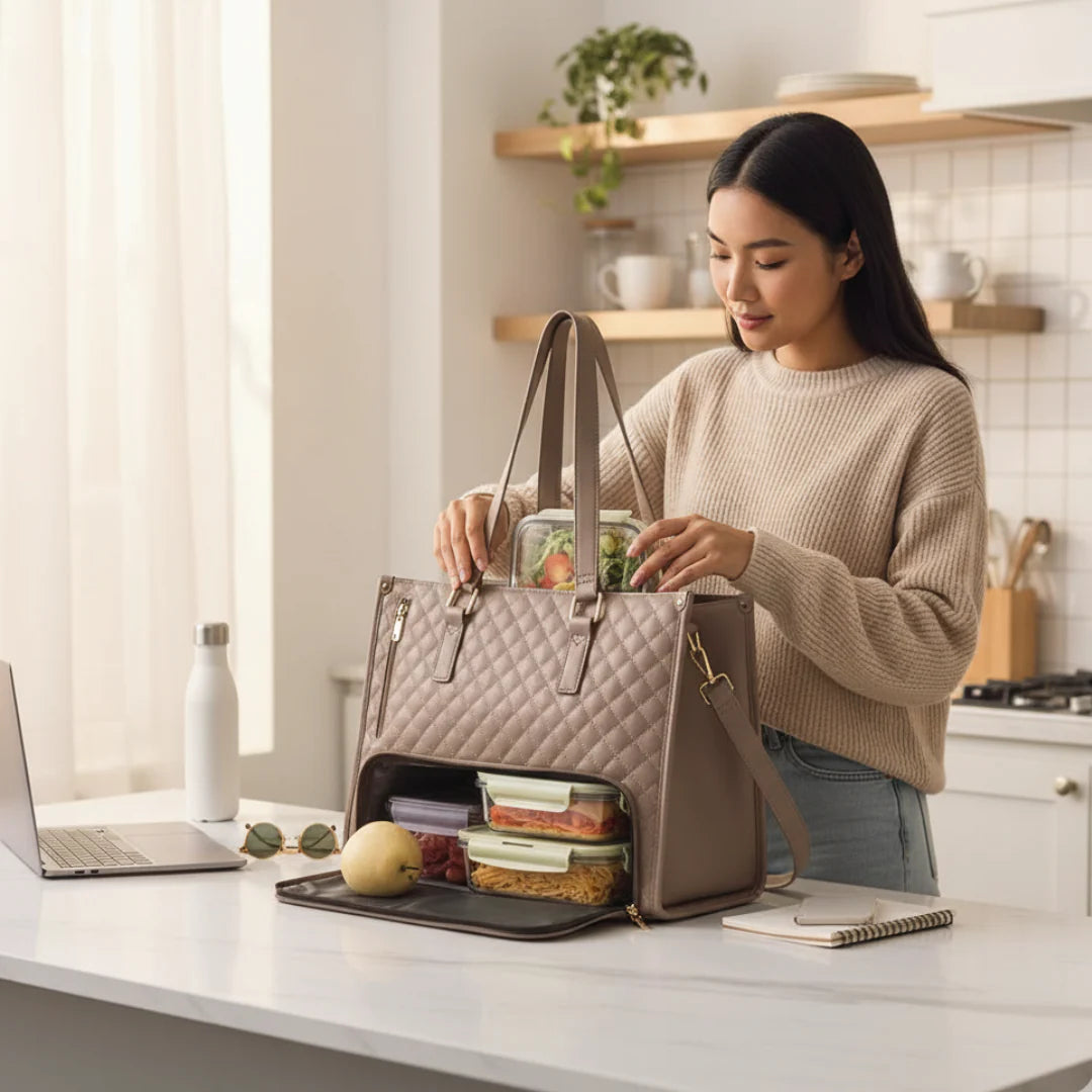 Woman unpacking a quilted handbag on a kitchen counter with a laptop and snacks nearby.