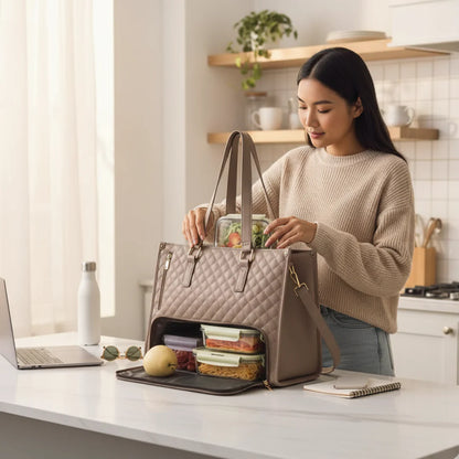 Woman unpacking a quilted handbag on a kitchen counter with a laptop and snacks nearby.