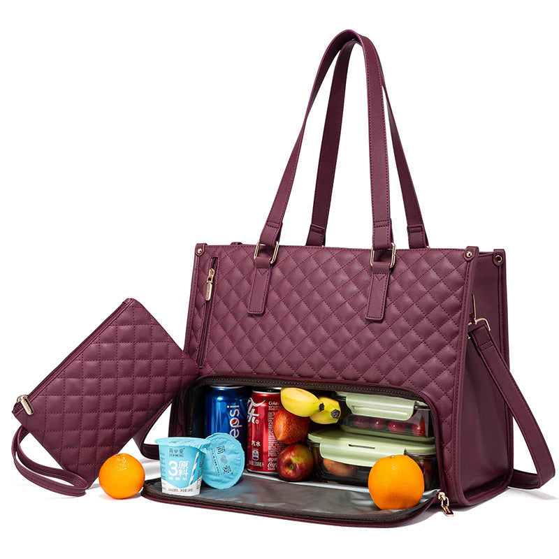 Quilted purple tote bag with compartments containing snacks and drinks on a white background
