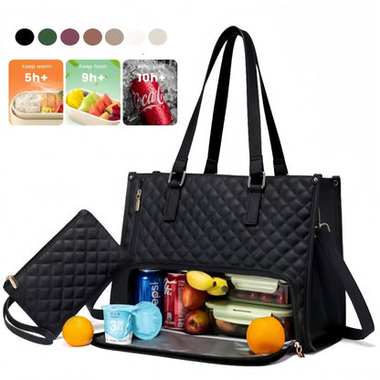 Black quilted handbag with compartments containing food items and drinks on a white background