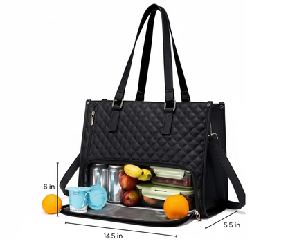 Black quilted handbag with compartments for office snacks and drinks, showing measurements.